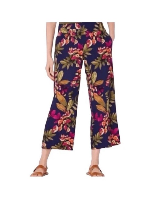 J. Jill Pants - J Jill Size M Tropical Floral Wide Leg Cropped Pull On Pants Blue Elastic Waist